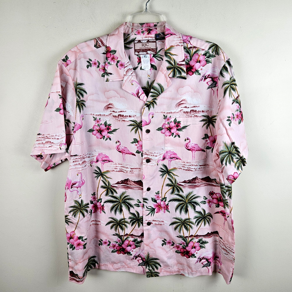 VINTAGE RJC Shirt Men's Sz XL Pink Flamingo Palm Print Camp Hawaiian USA Made